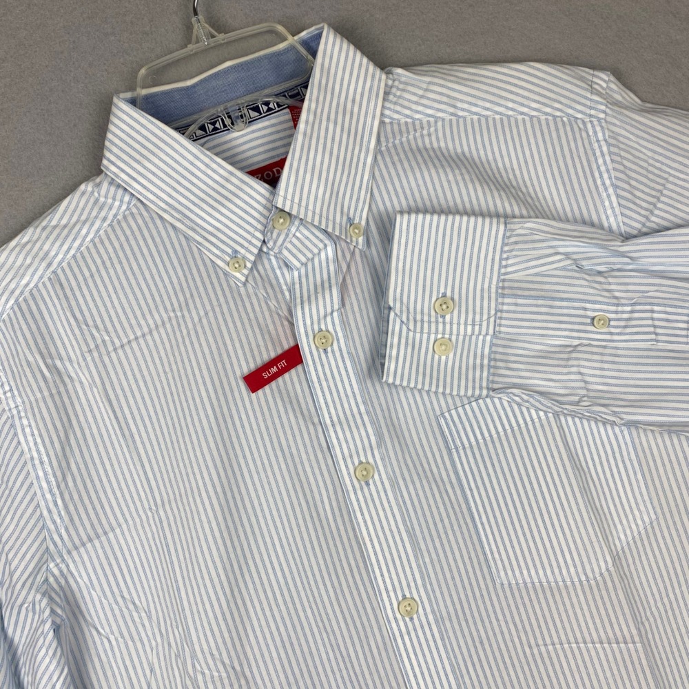 IZOD Mens Slim Fit Long Sleeve Striped Button Down Shirt Light Blue White M NEW